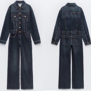Zara blue denim jean jumpsuit long sleeve button front straight leg Sz S NWOT